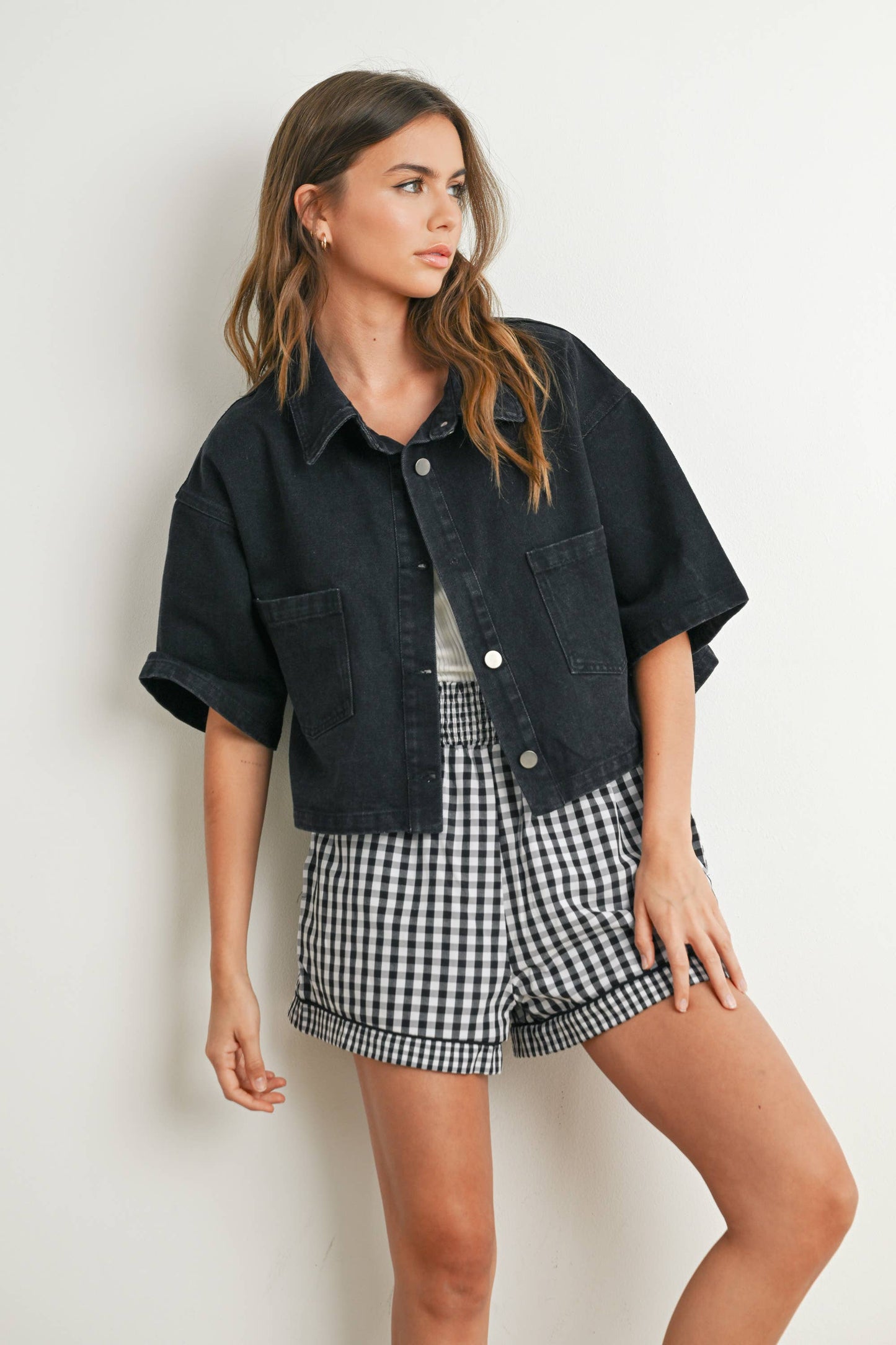 Button Front Cropped Denim Shirt