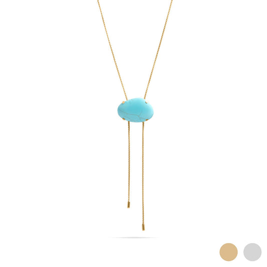 18K Gold PVD Stainless Steel Turquoise Charm Bolo Necklace: Gold