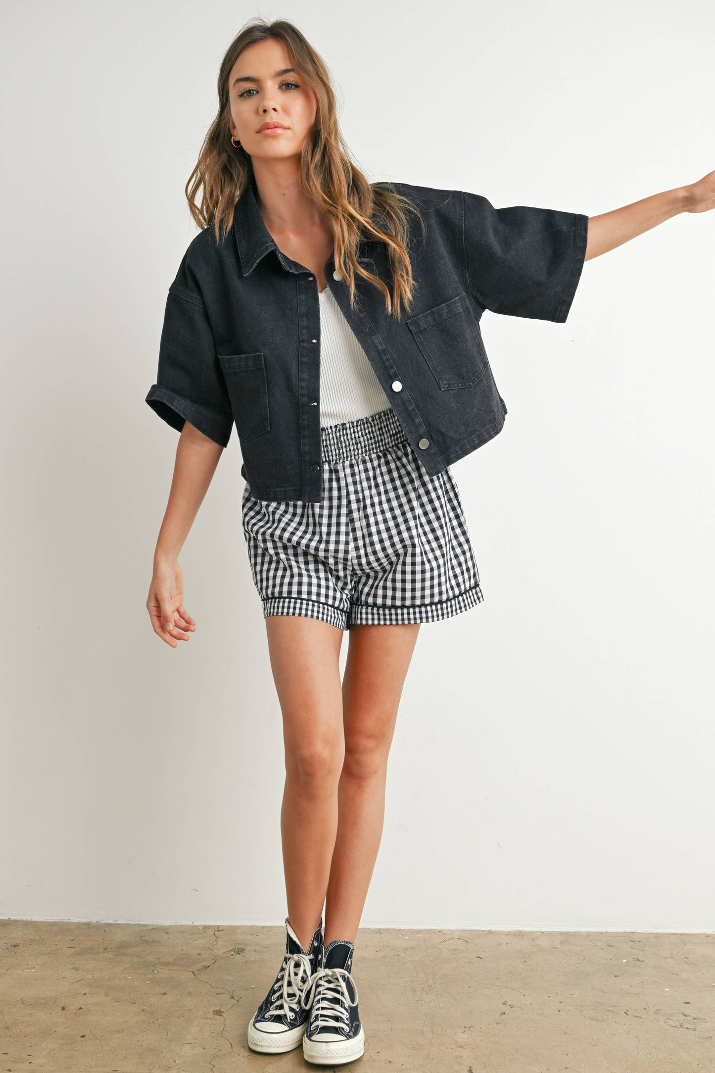 Button Front Cropped Denim Shirt