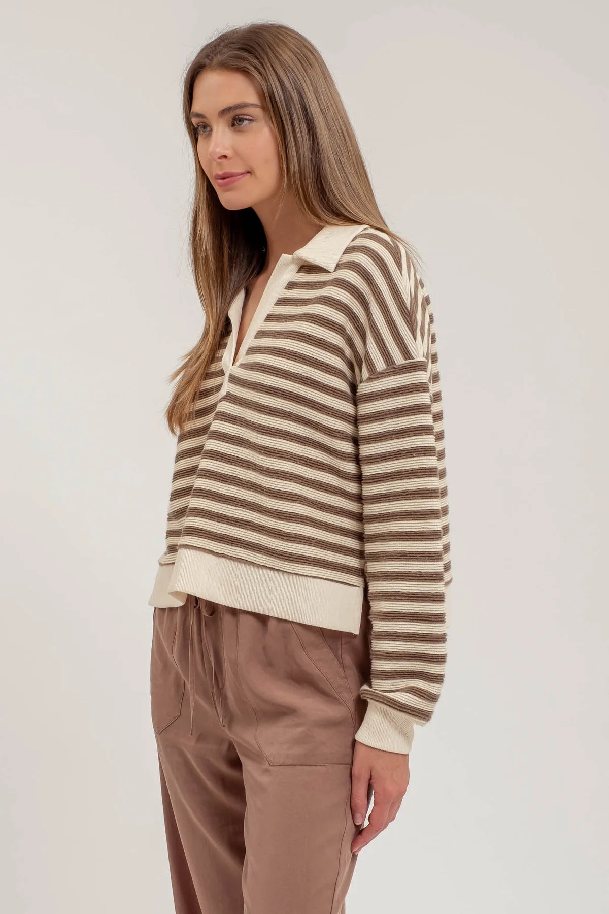 Lucky Striped Collared Polo Knit Top