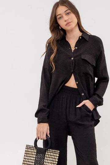 Solid Textured Lightweight Button Down Shirt