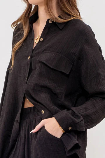 Solid Textured Lightweight Button Down Shirt