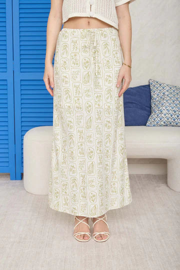 Luce De Sol Floral Tile Pattern Linen Midi Skirt