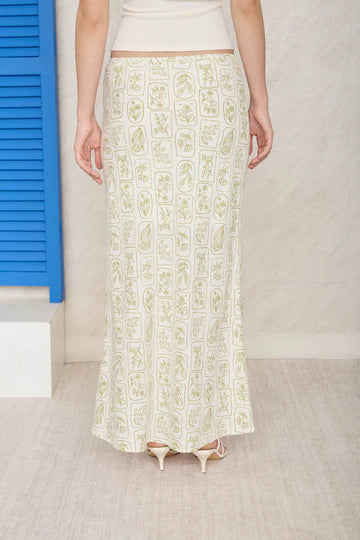 Luce De Sol Floral Tile Pattern Linen Midi Skirt