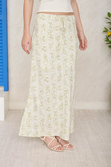 Luce De Sol Floral Tile Pattern Linen Midi Skirt