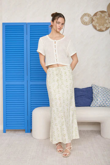 Luce De Sol Floral Tile Pattern Linen Midi Skirt