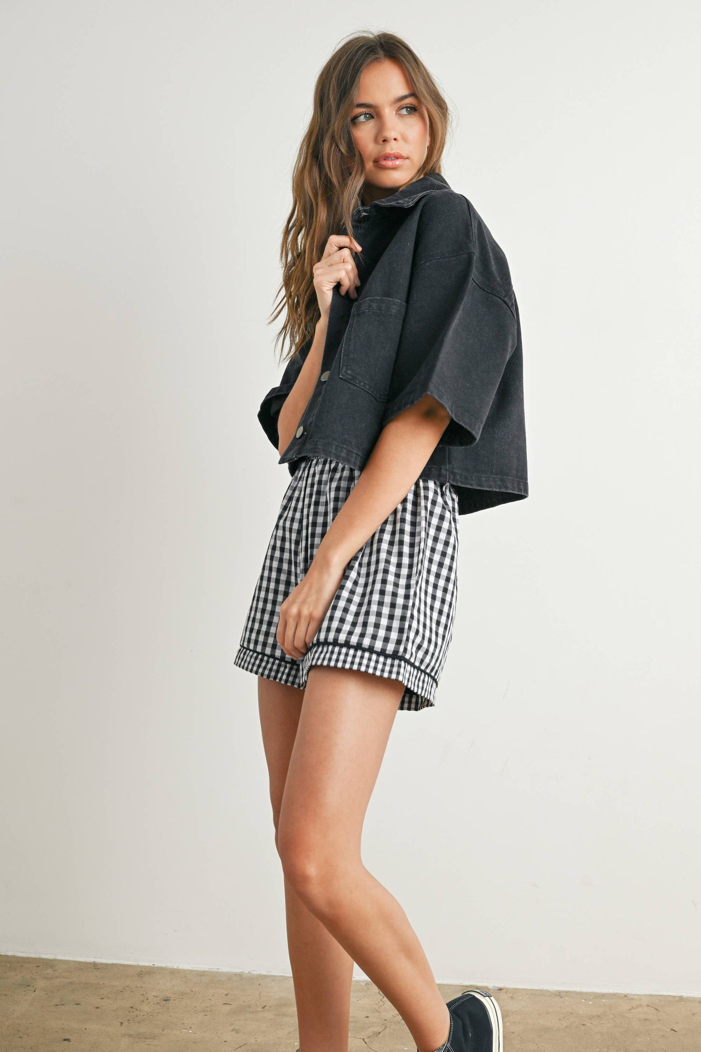 Button Front Cropped Denim Shirt