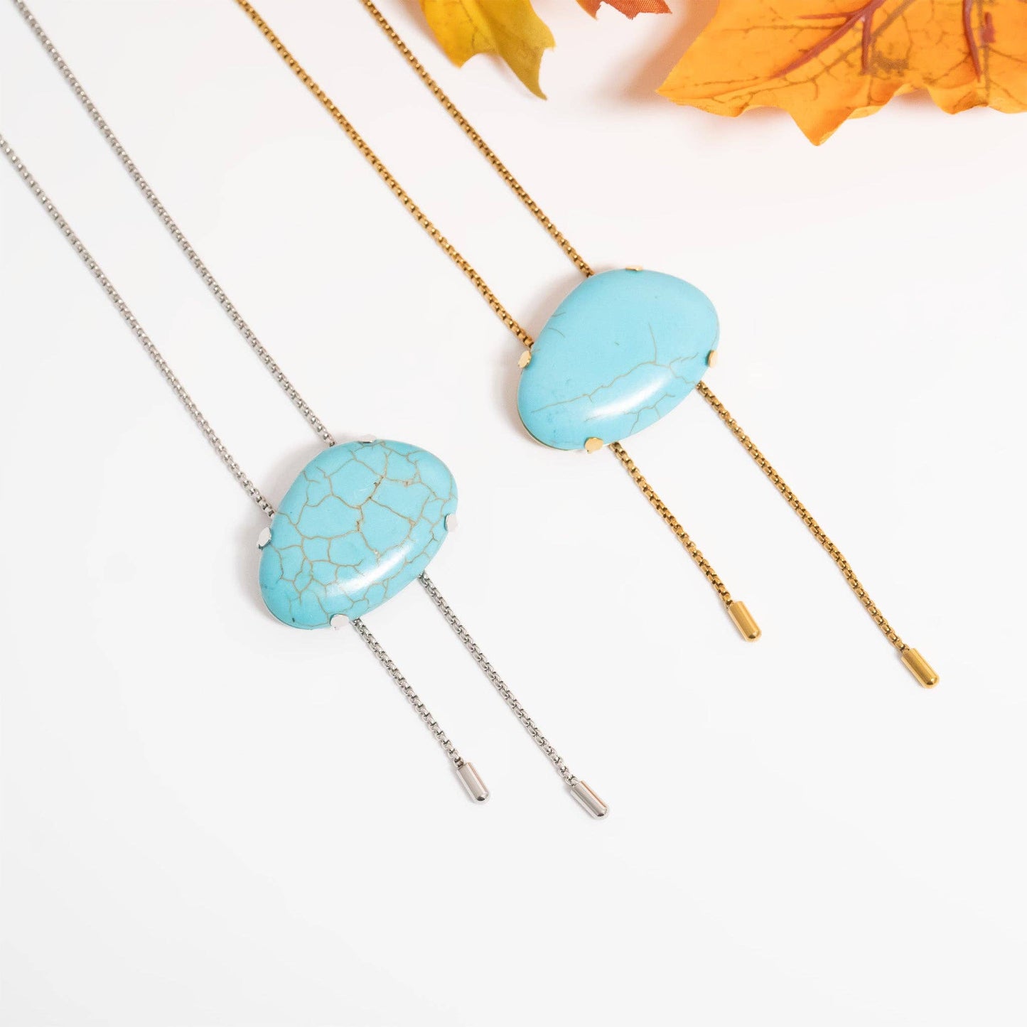 18K Gold PVD Stainless Steel Turquoise Charm Bolo Necklace: Stainless