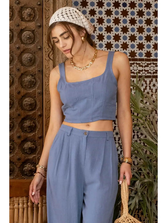 Tulum Square Neck Linen Blend Corset Top - Indigo