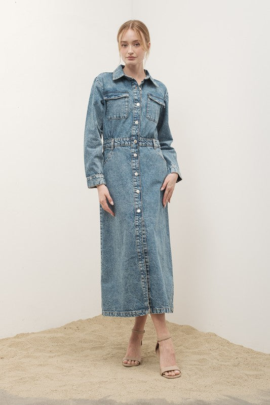 Femme Button Front Denim Maxi Dress