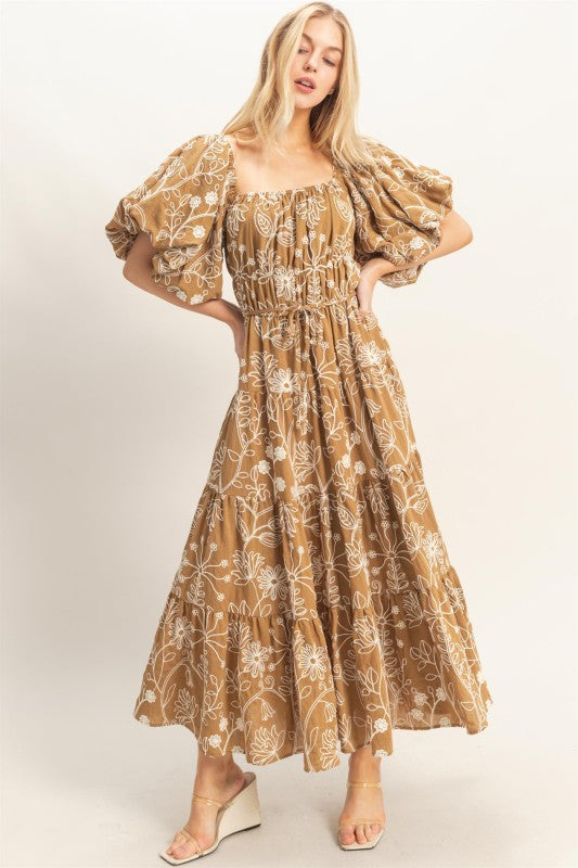 Floral Puff Sleeve Midi Dress