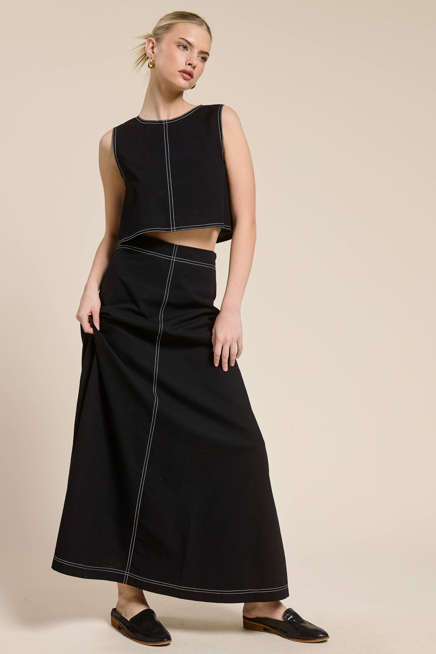 Contrast Stitch Linen Two Piece Set