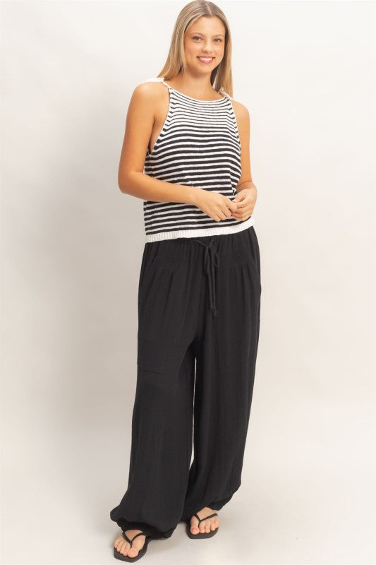 Elastic Hem Drawstring Pants- Black