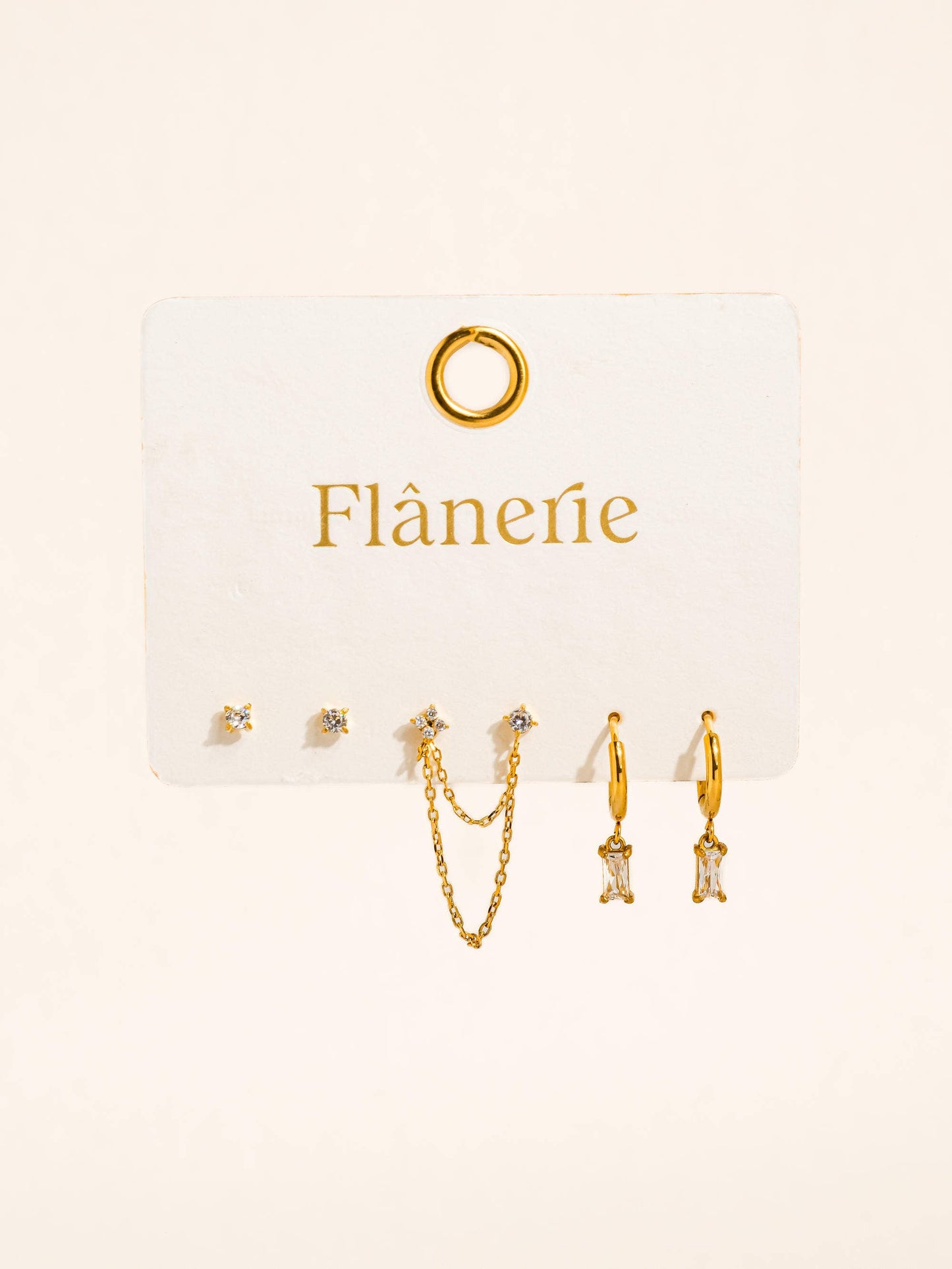 Roussa 18K Gold Non-Tarnish CZ Chain Earring Set : Yellow Gold