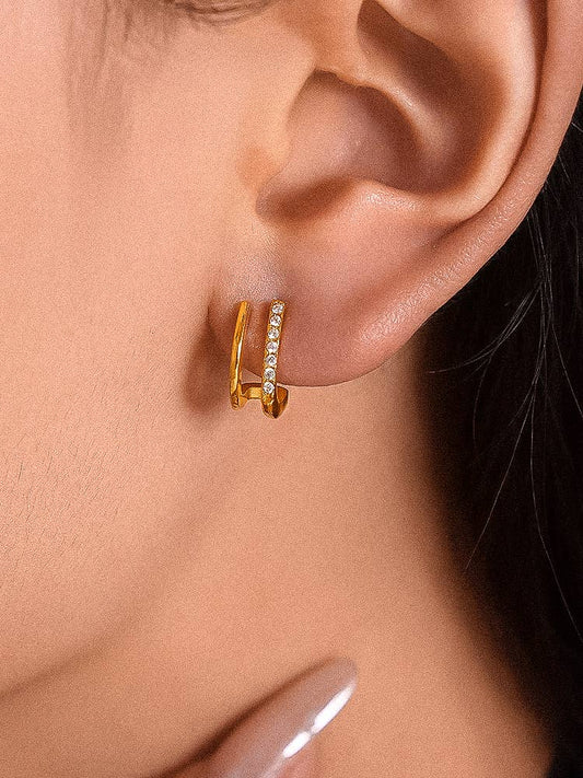 Dulce 18K Gold Non-Tarnish CZ Double Hoop Stud: Yellow Gold