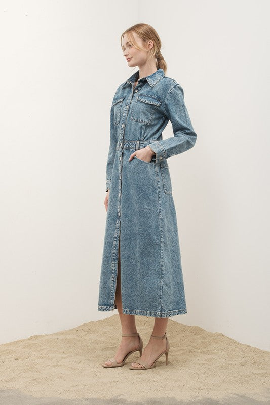 Femme Button Front Denim Maxi Dress