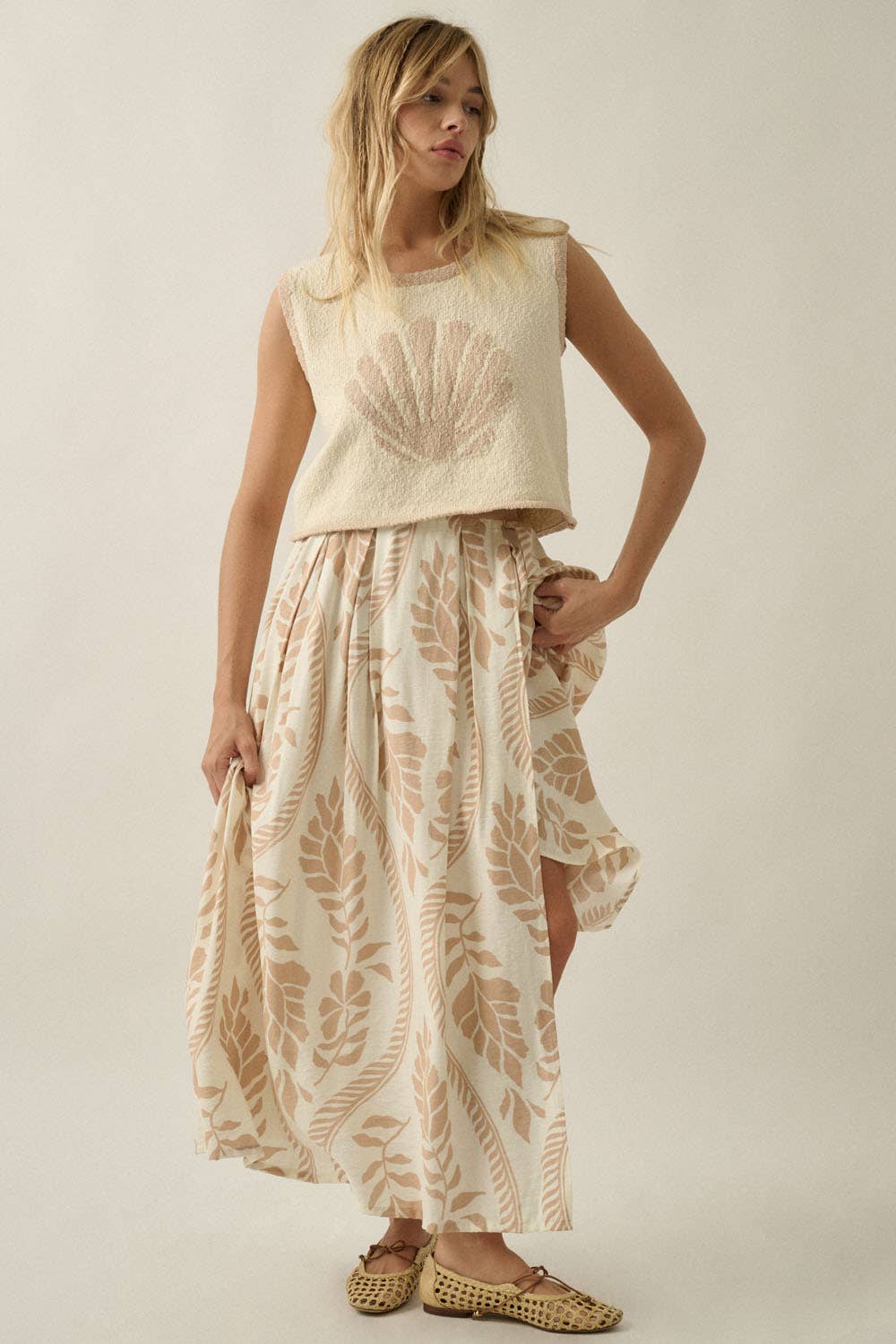 Seashell Jacquard-Knit Cropped Sweater Tank Top