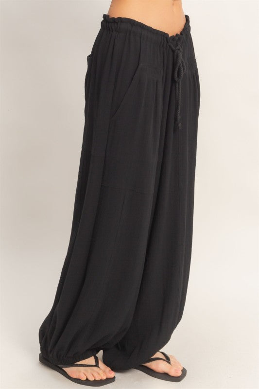 Elastic Hem Drawstring Pants- Black