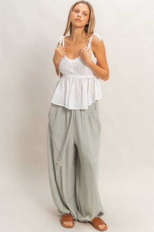 Elastic Hem Drawstring Pants - Dusty Sage