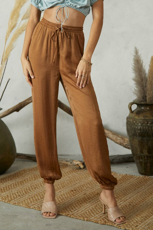Satin Tie Front Elastic Waisted Pants