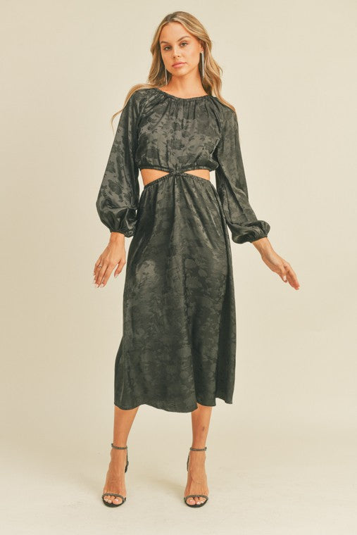 Long Sleeve Jacquard Waist Cut Out Maxi Dress