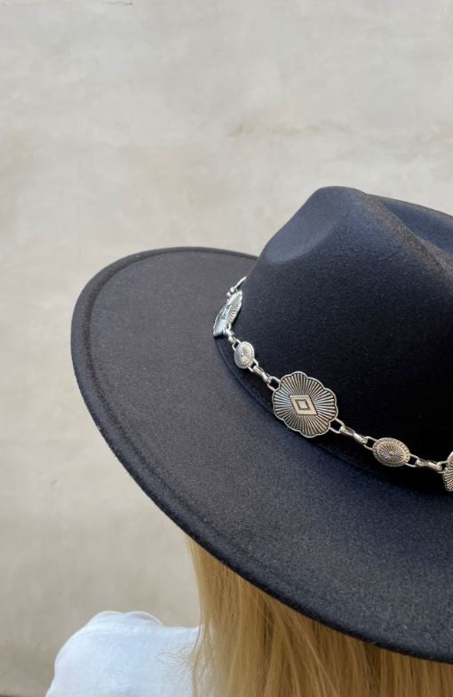 Wide Brim Fedora Hat with Western Chain