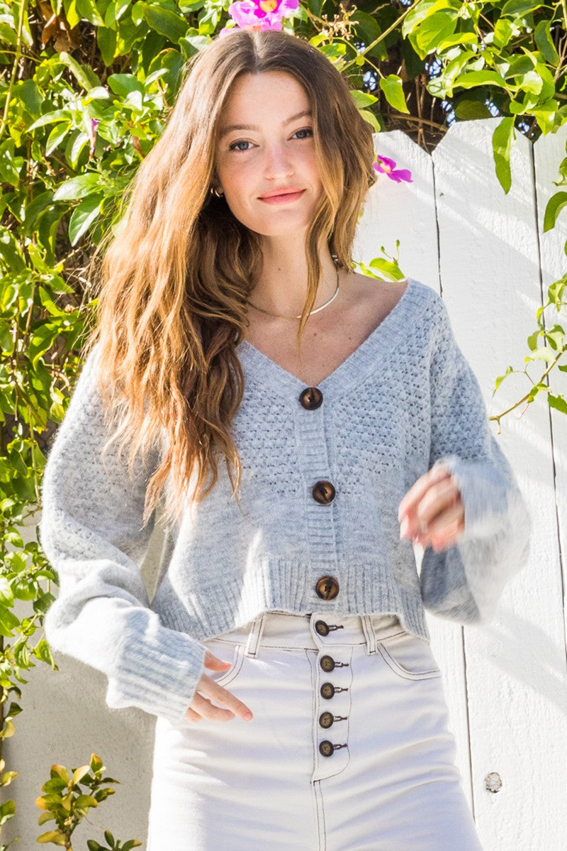 V-Neck Cropped Sweater Cardigan with Buttons
