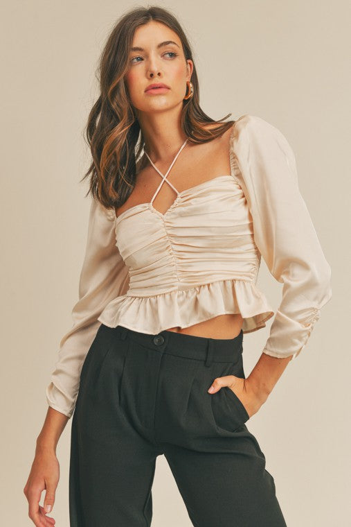 Shiny Tie-neck Ruched Top