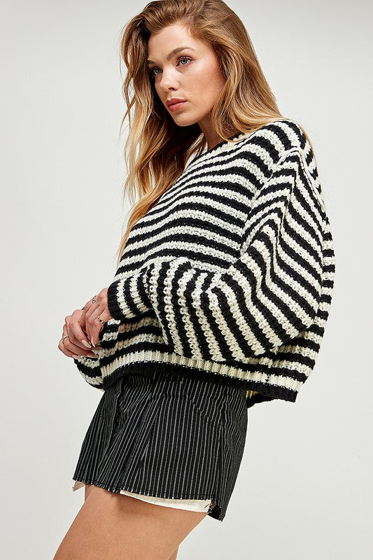 Belmont Striped Cropped Knit Sweater - Black