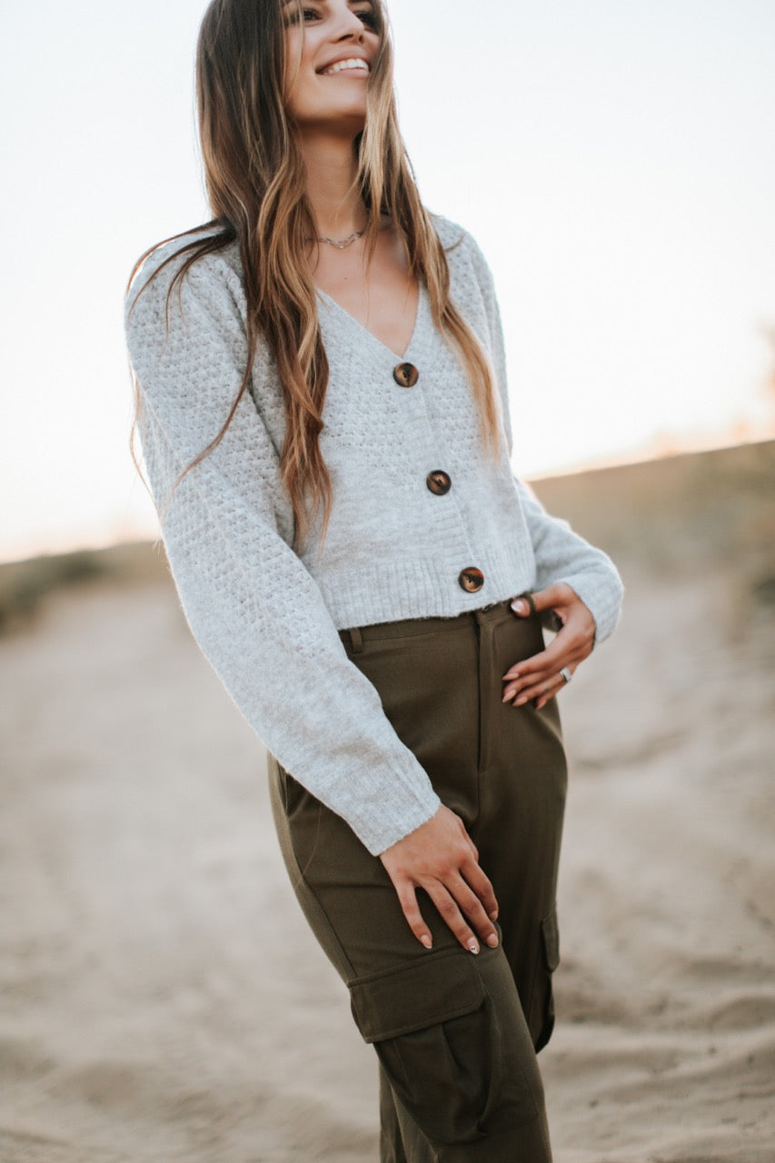 V-Neck Cropped Sweater Cardigan with Buttons