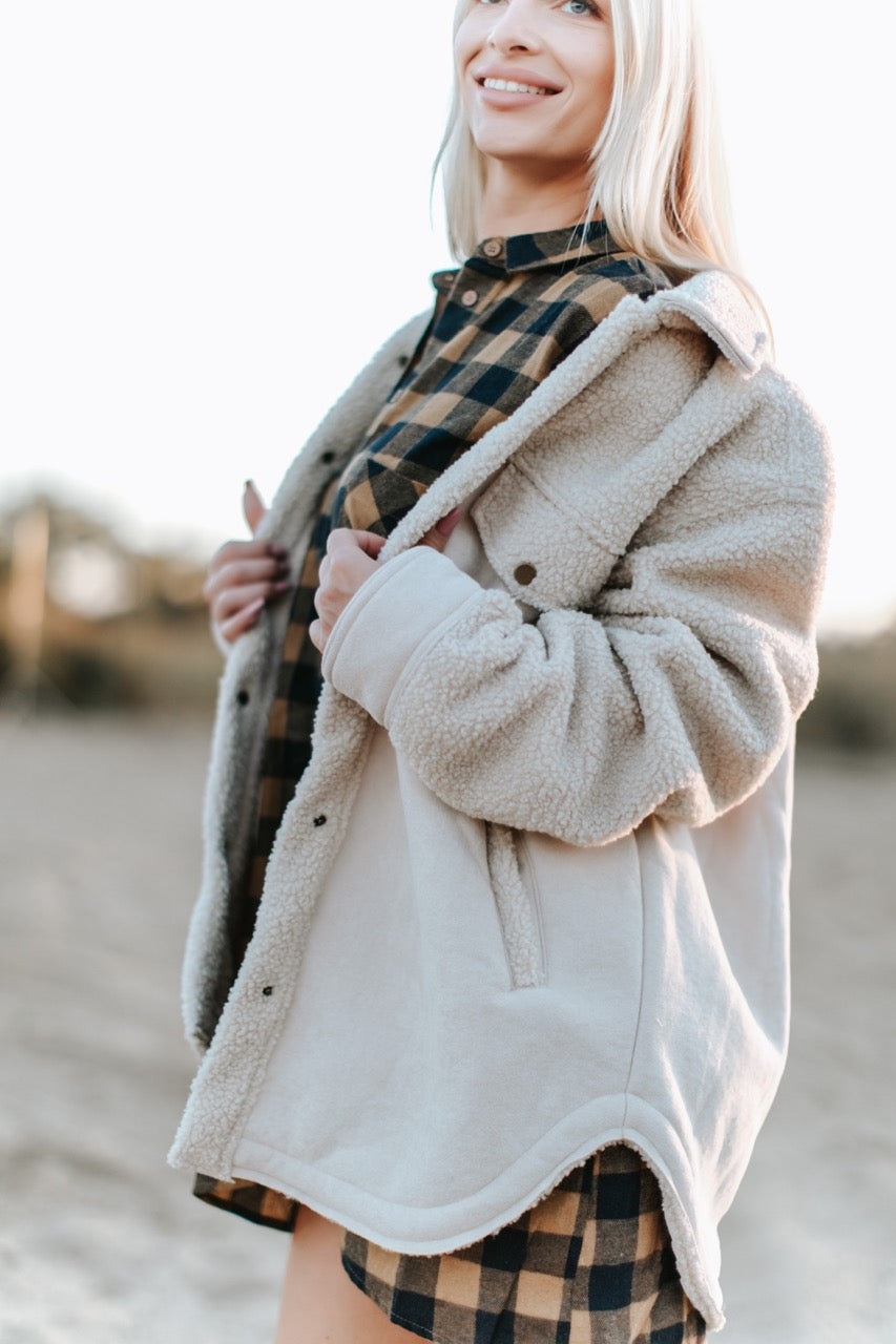 Faux Suede and Shearling Button-Down Jacket