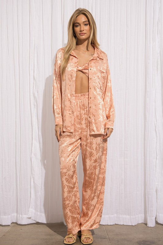 Vacay Vibes Palm Satin Shirt and Pants Set